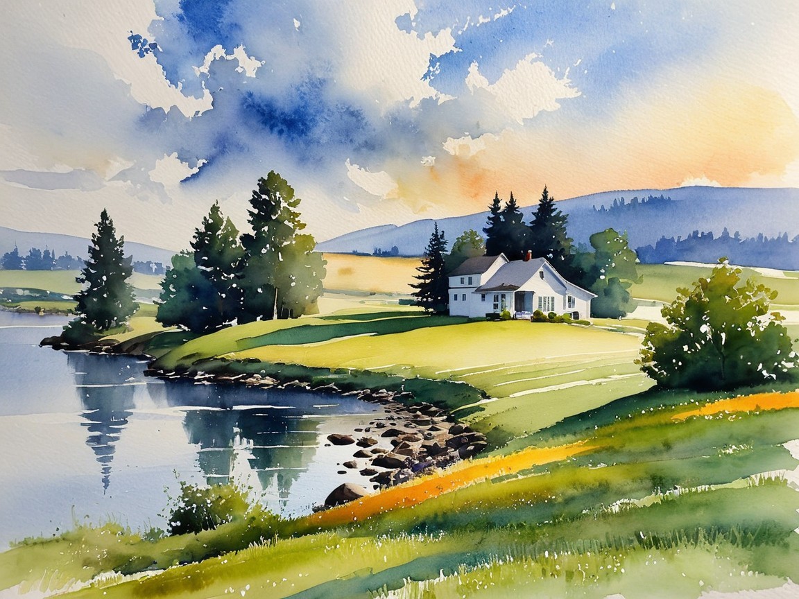 Watercolor Scene of House by Calm Lake and Trees