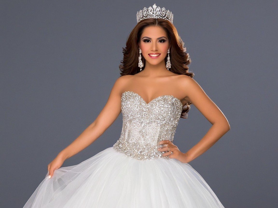 Elegant Young Woman in Strapless Ball Gown