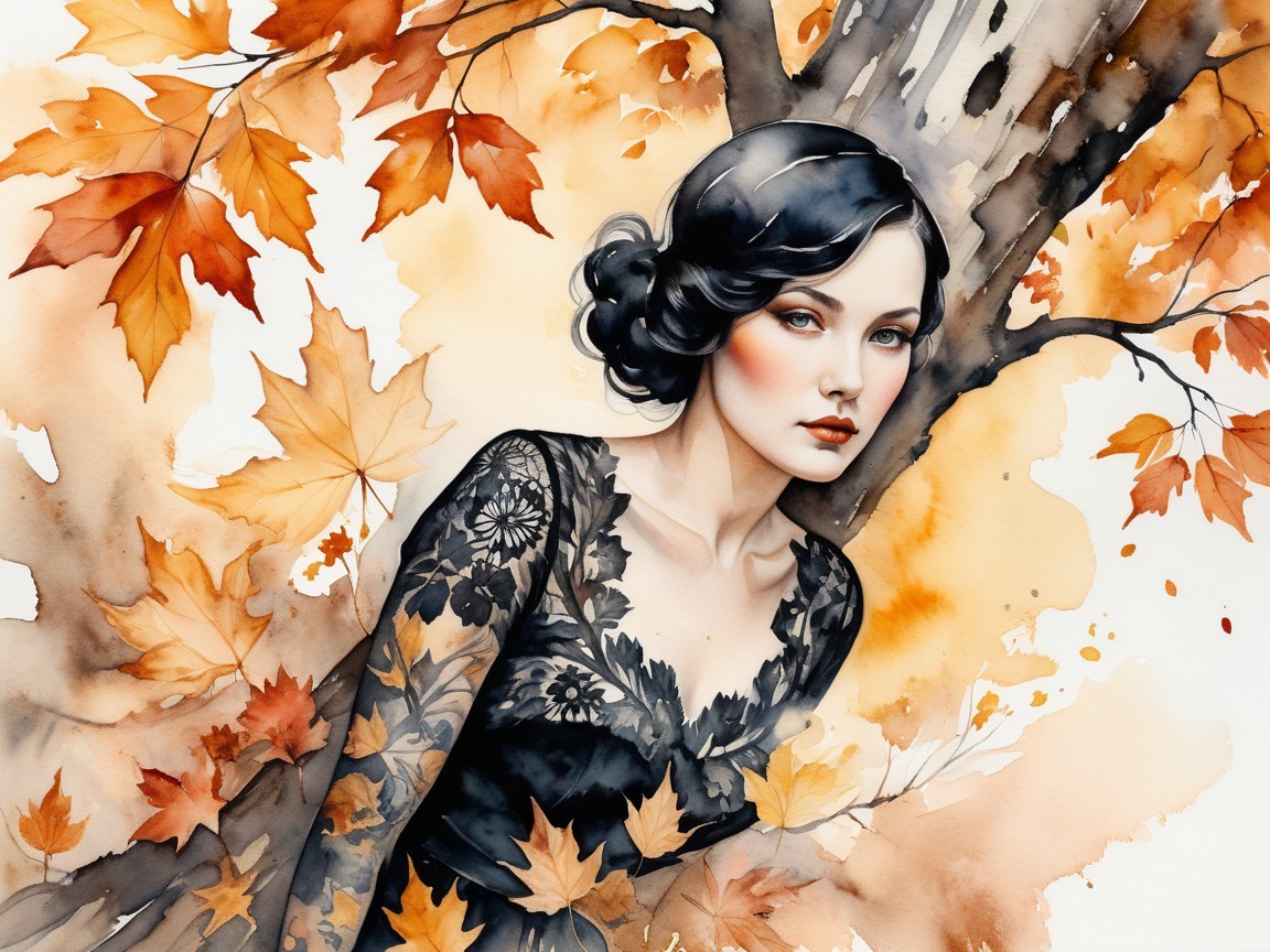 Ethereal Woman in Black Lace Gown Among Autumn Leaves