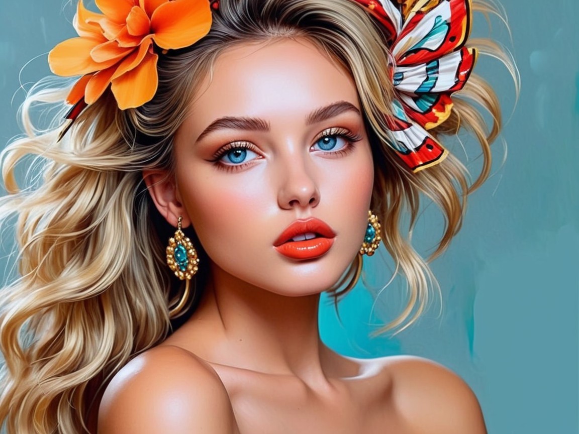 Portrait of a Young Woman with Flowers and Butterfly