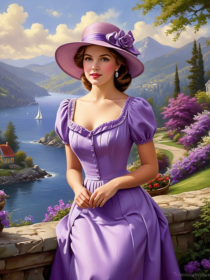 Young Woman in Lavender Dress by Scenic Lakeside