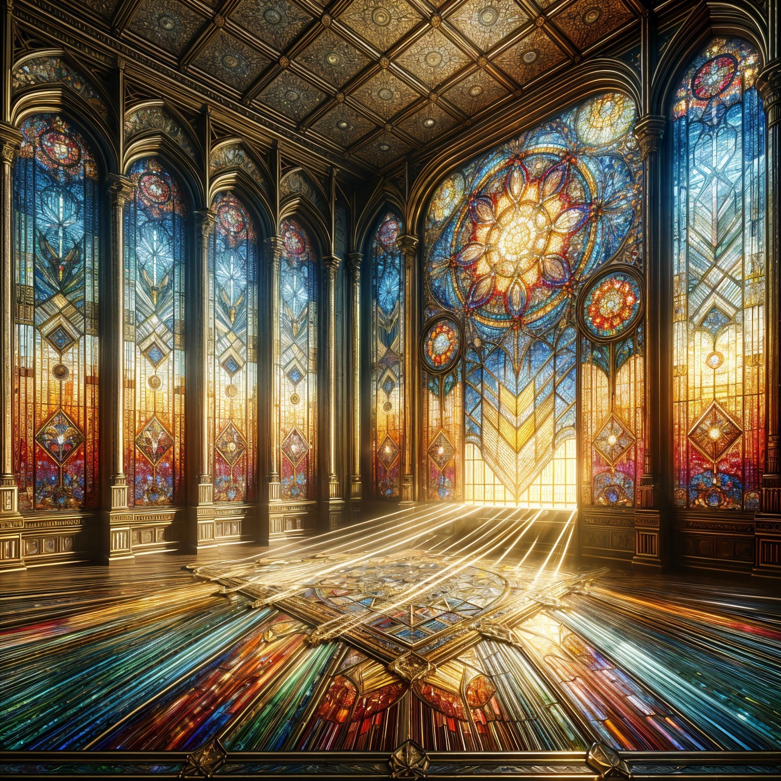 Ornate Interior with Stained Glass and Vibrant Colors