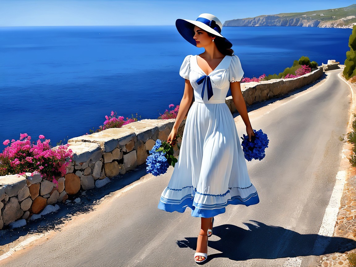 Coastal Scene with Woman in White Dress and Flowers