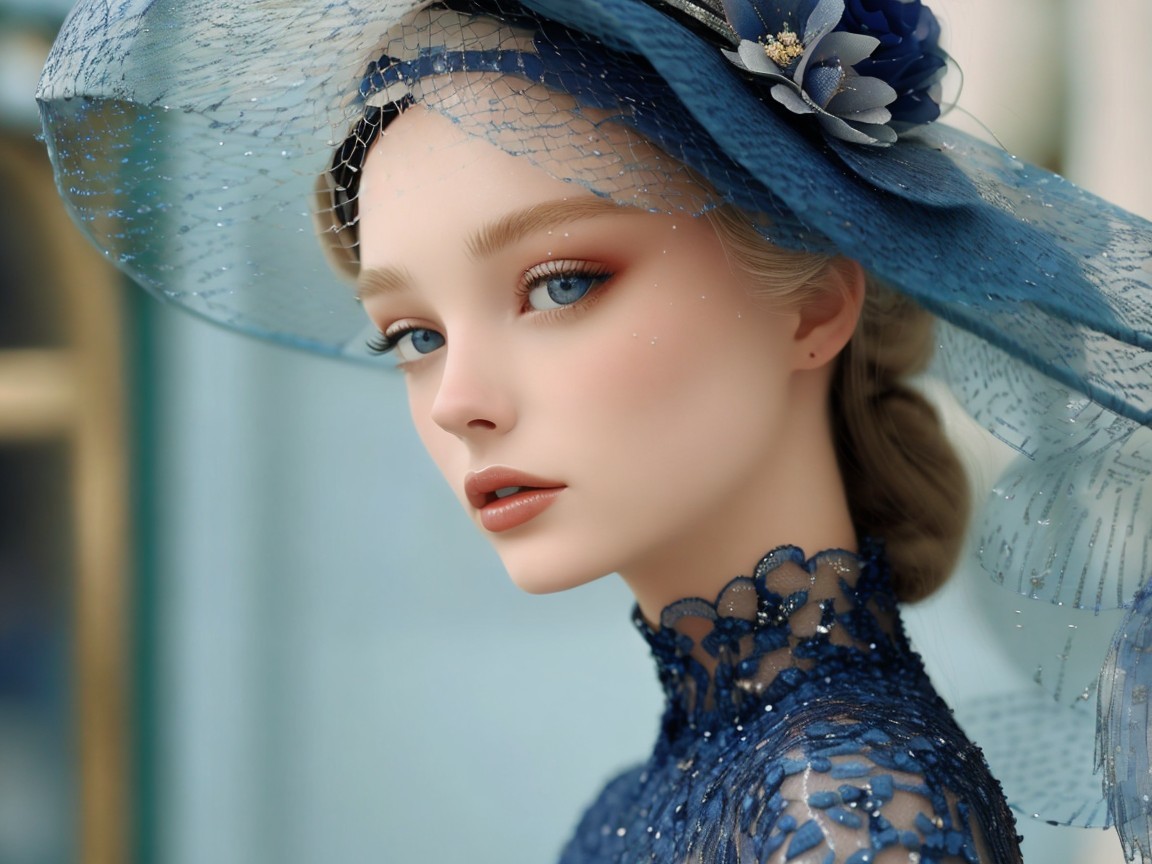 Young Woman in Elegant Blue Hat and Lace Dress