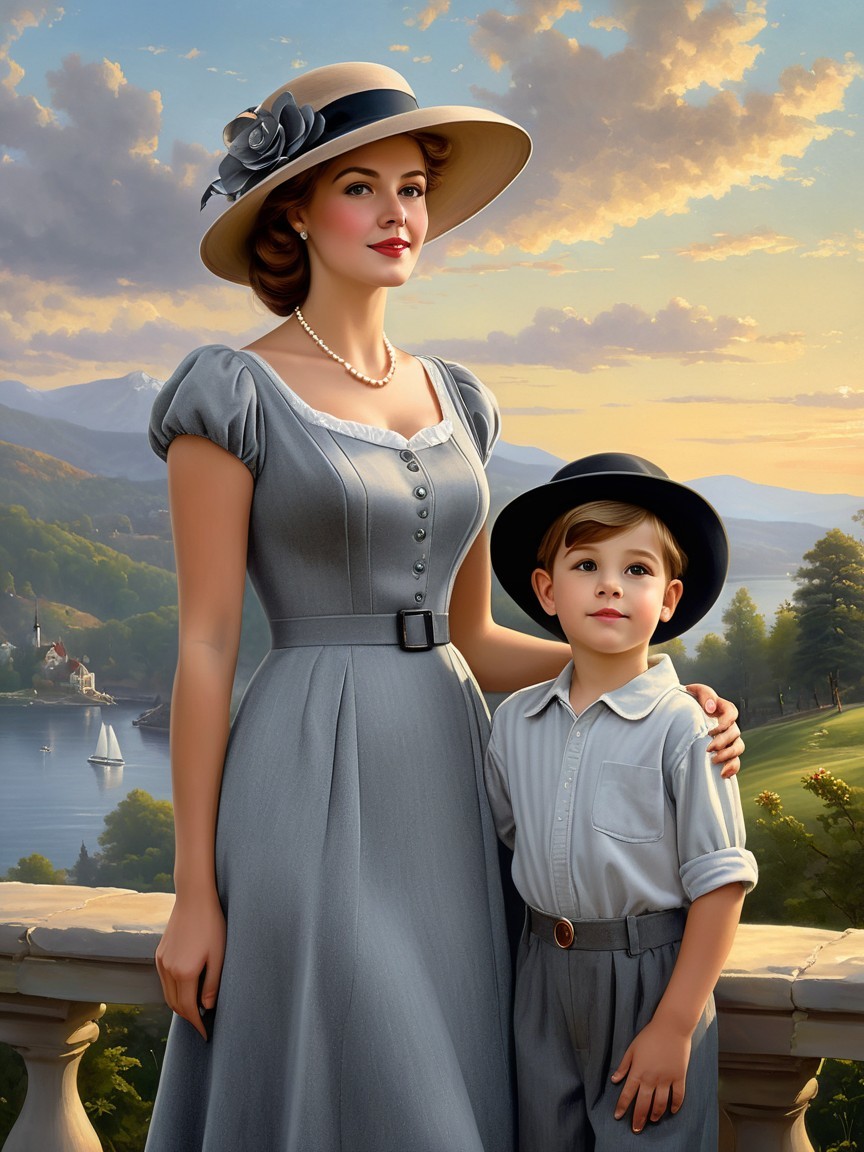 Mother and child pose in elegant landscape setting