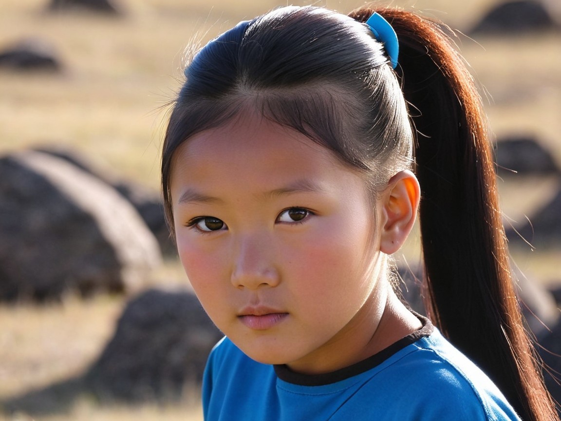 Young girl in blue shirt with serene landscape background