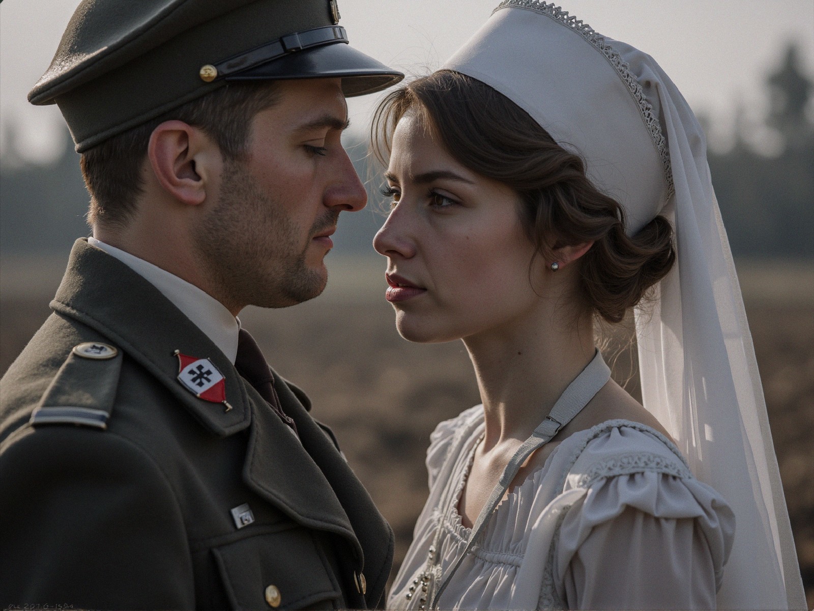 Emotional Moment Between Soldier and Woman in Dress