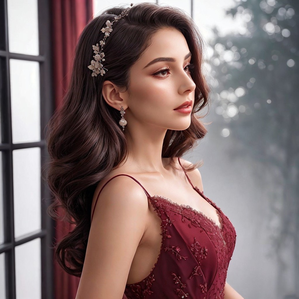 Young Woman in Elegant Burgundy Dress by Window