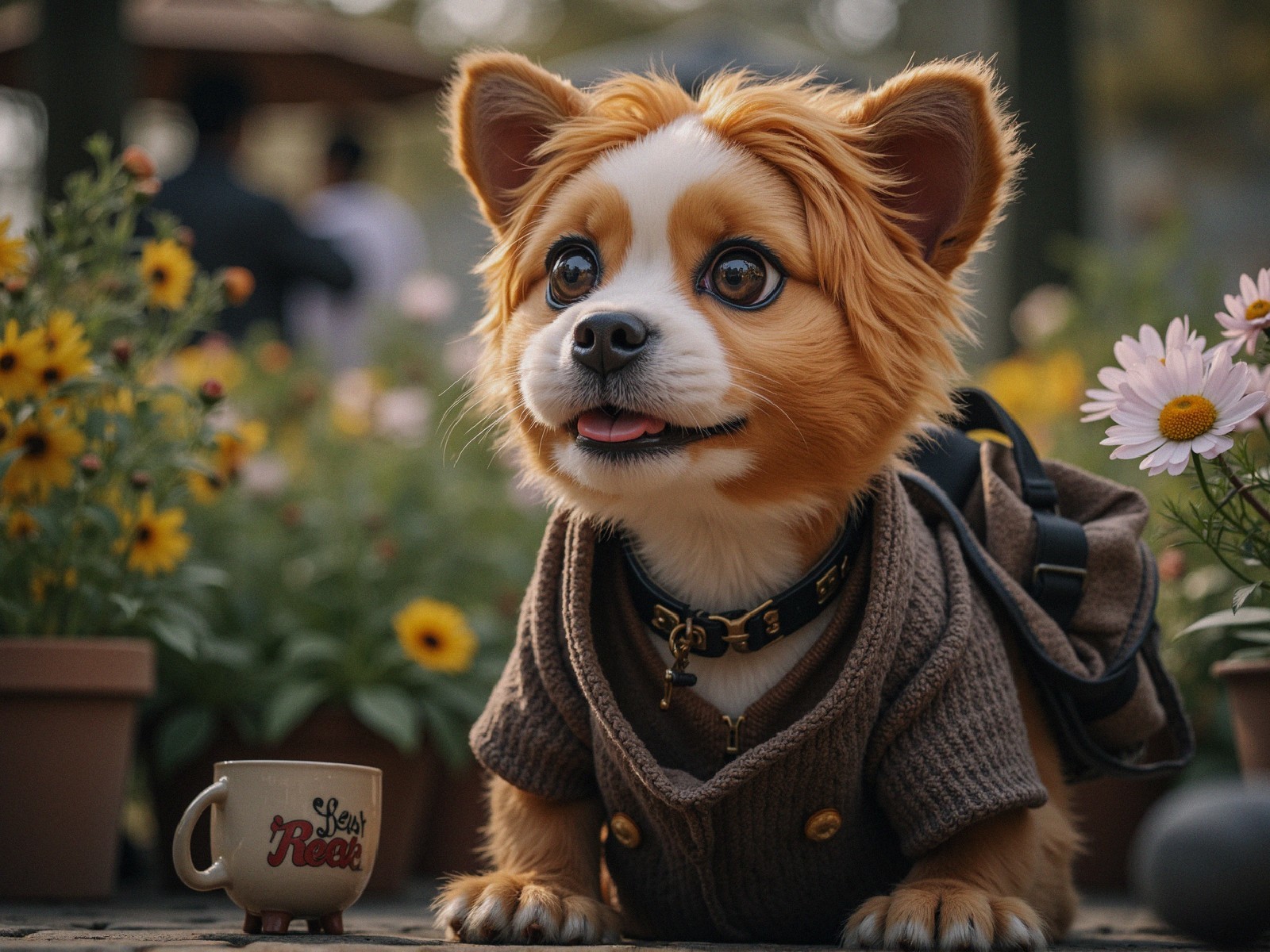 Corgi in Sweater Surrounded by Colorful Flowers