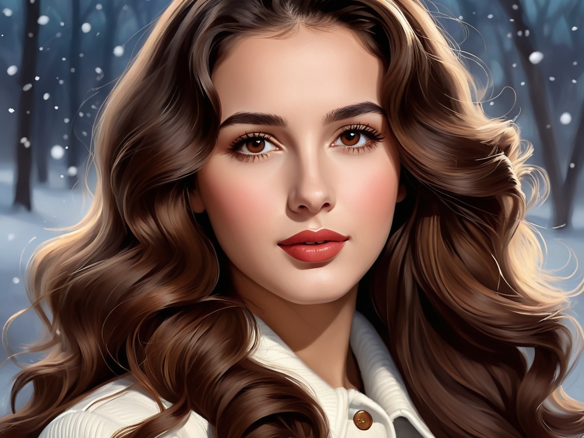 Young woman in winter landscape with soft snowfall