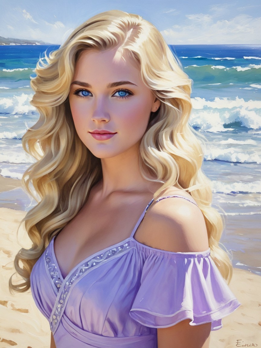 Serene Beach Scene with Young Woman in Lavender Dress