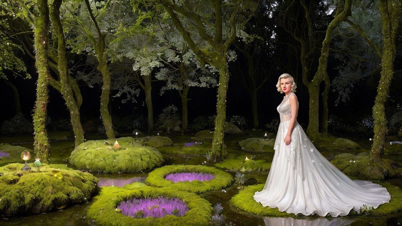Enchanted Forest with Woman in Elegant White Gown