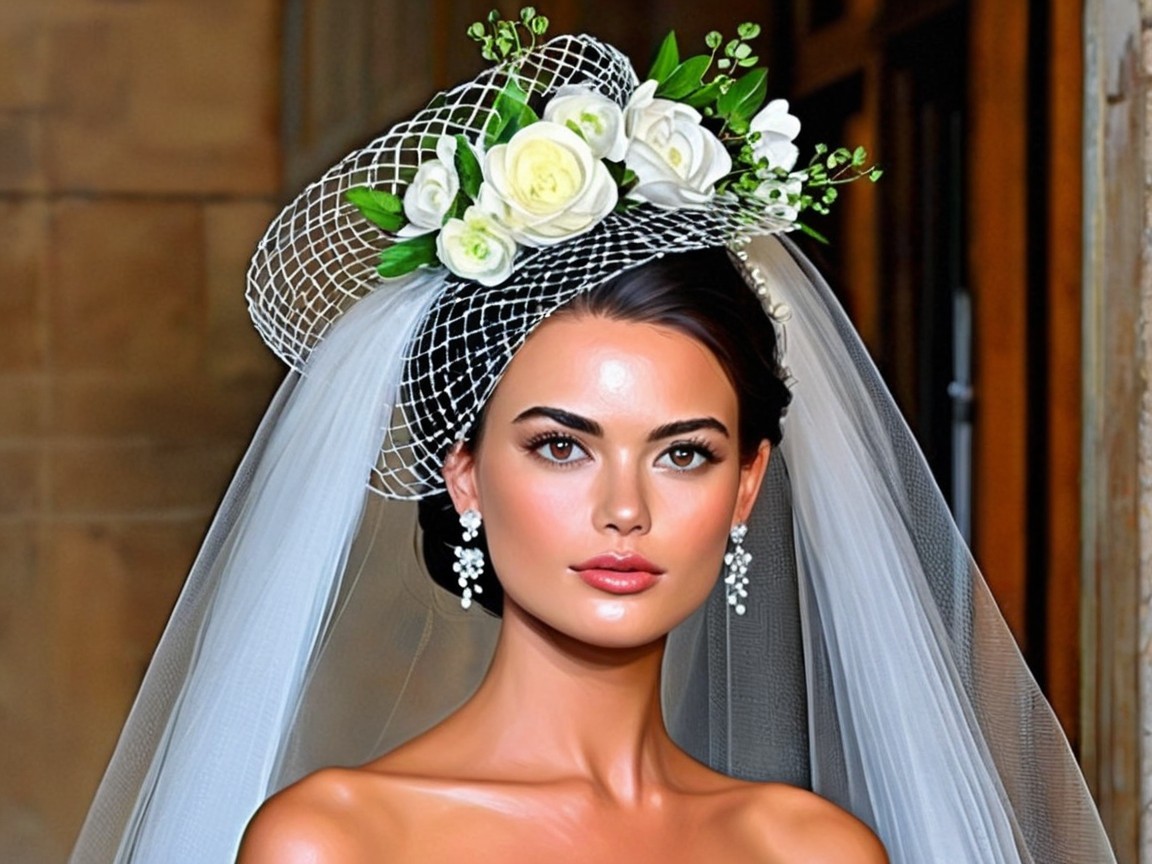 Elegant Bridal Look with Updo and Lace Hat