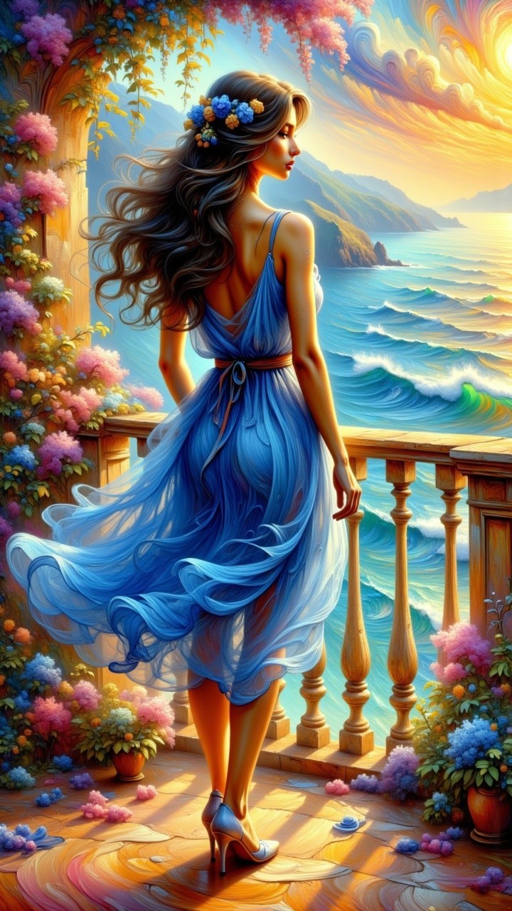 Woman on Floral Balcony Overlooking Ocean Sunset
