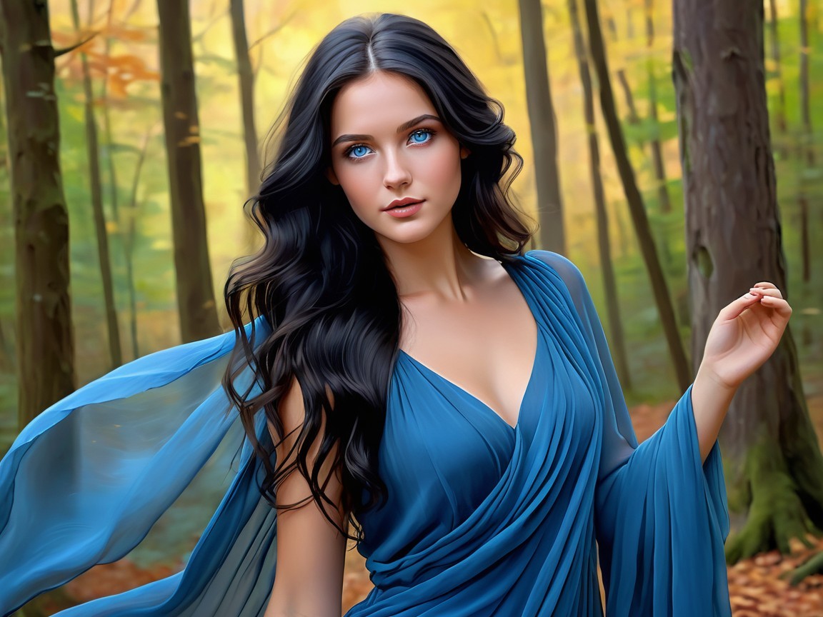 Young Woman in Blue Gown Surrounded by Autumn Forest