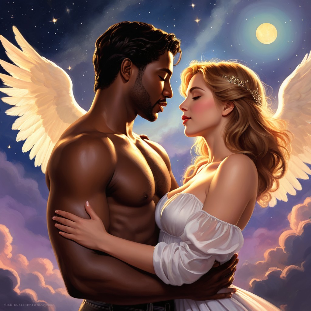 Romantic Couple with Angelic Wings Under Night Sky