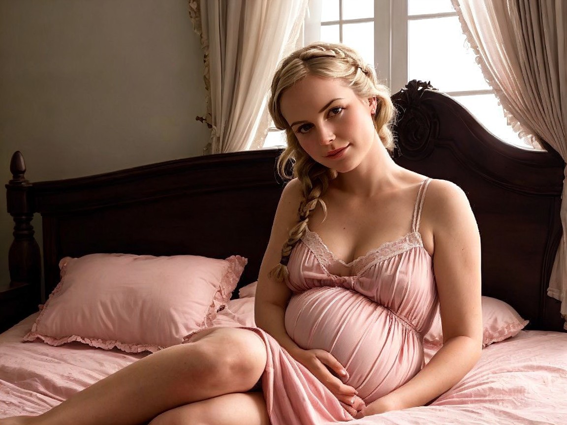 Pregnant Woman in Soft Pink Nightgown on Bed