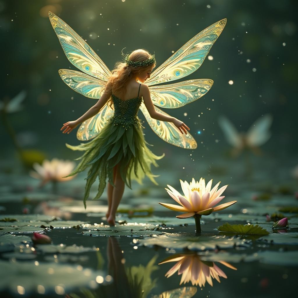 Fairy in a tranquil pond with iridescent wings