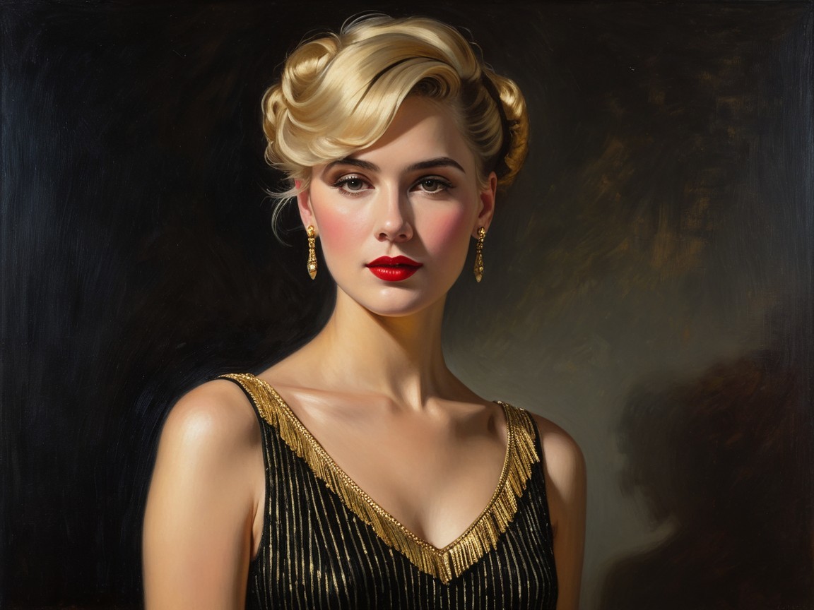 Glamorous Woman in Black Dress with Gold Accents