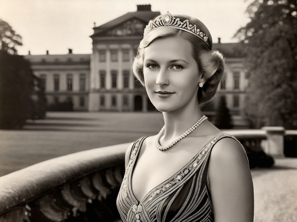 Regal Woman in Vintage Gown at Grand Estate