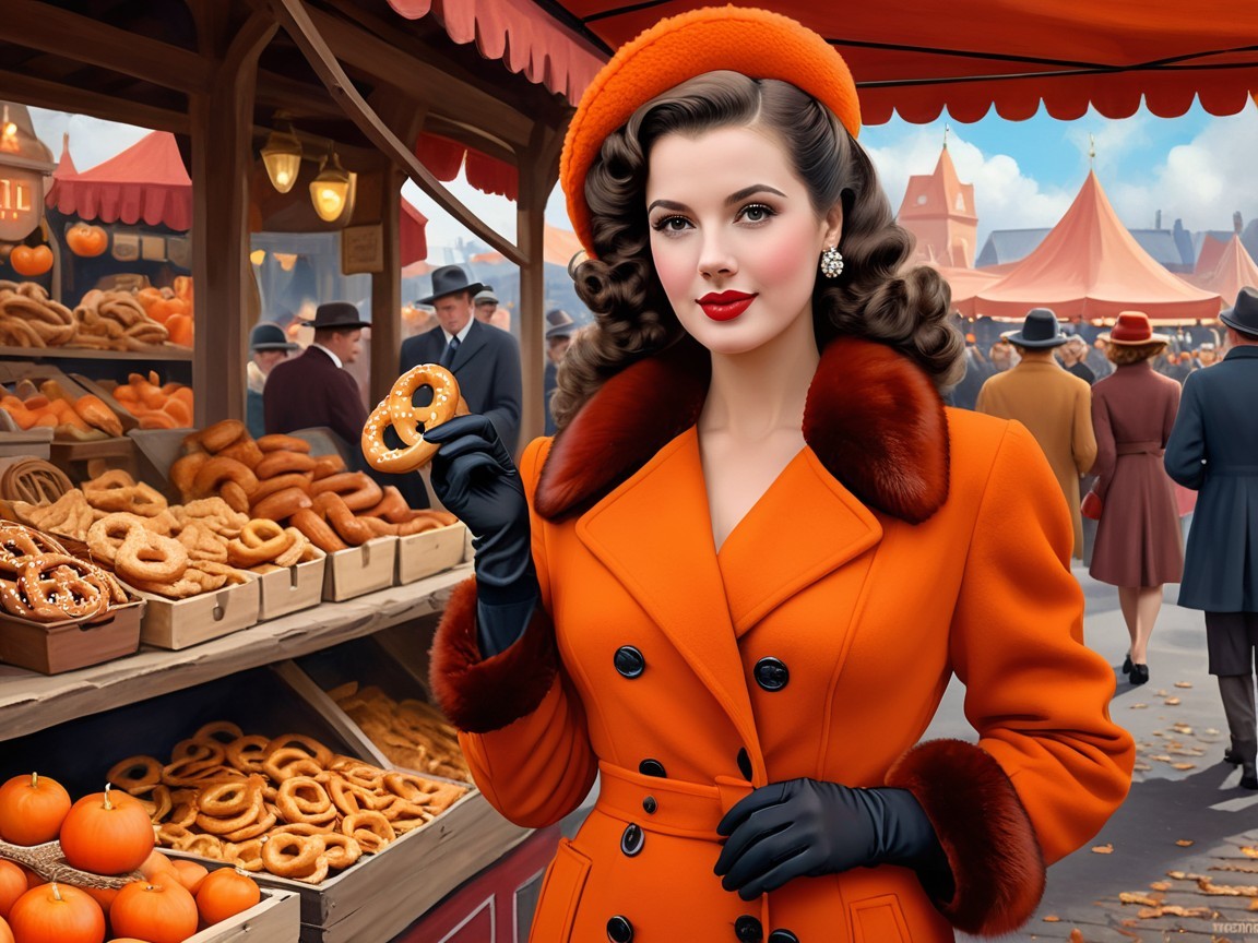 Stylish Woman in Vintage Coat at Outdoor Market Scene