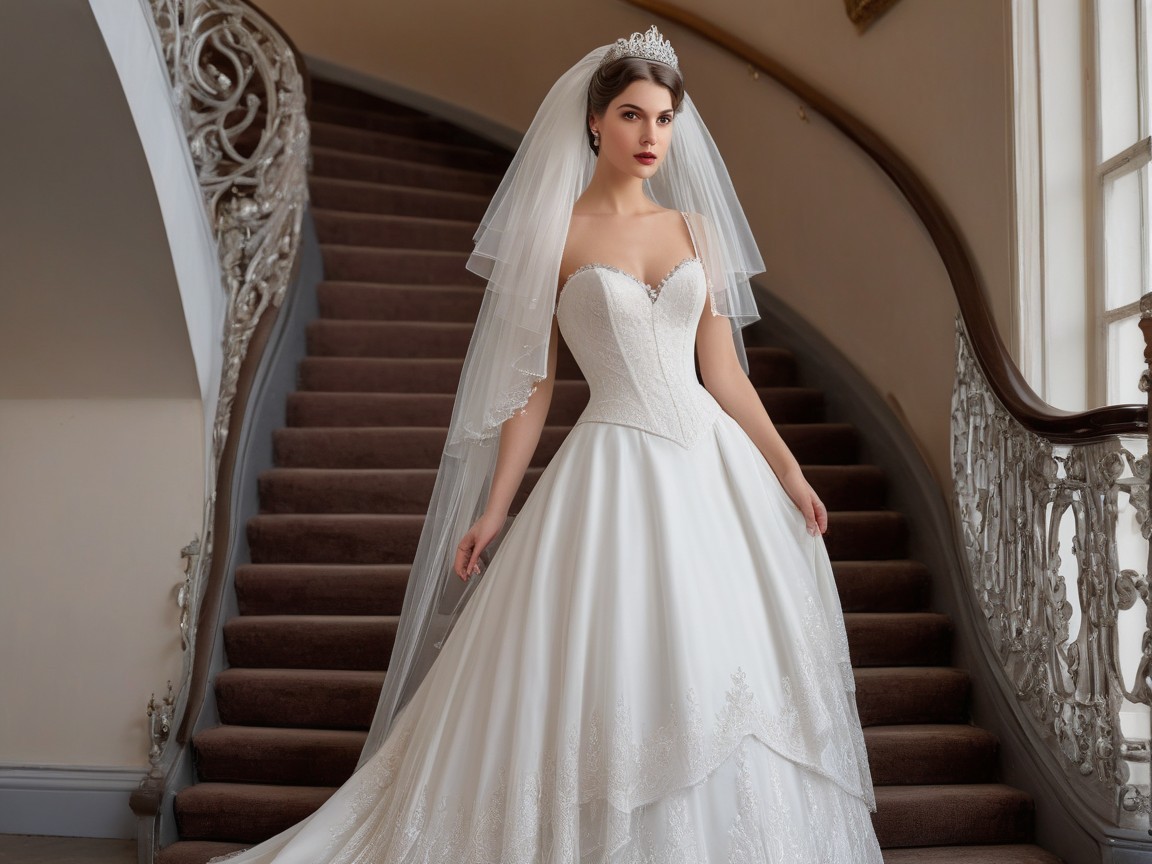 Elegant Bride on Staircase in White Wedding Gown