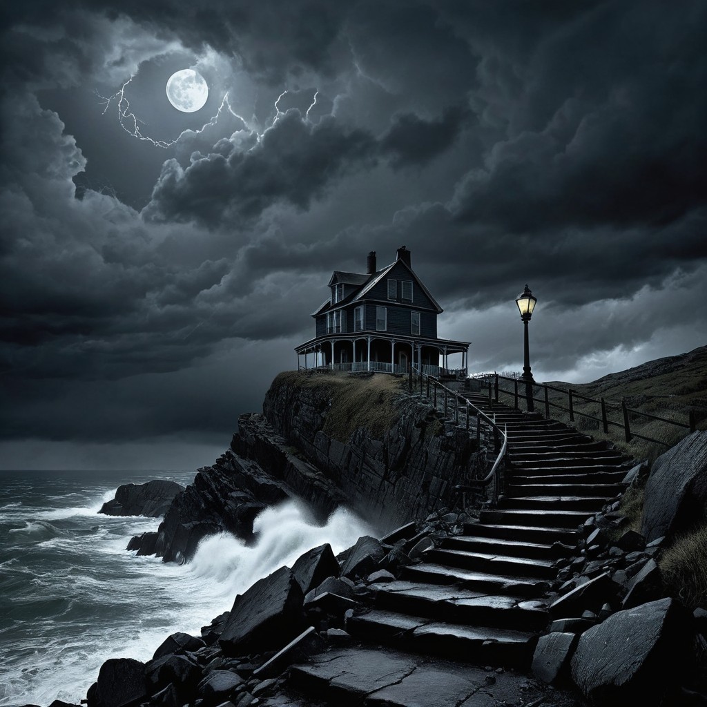 Victorian House on Cliff Under Stormy Night Sky