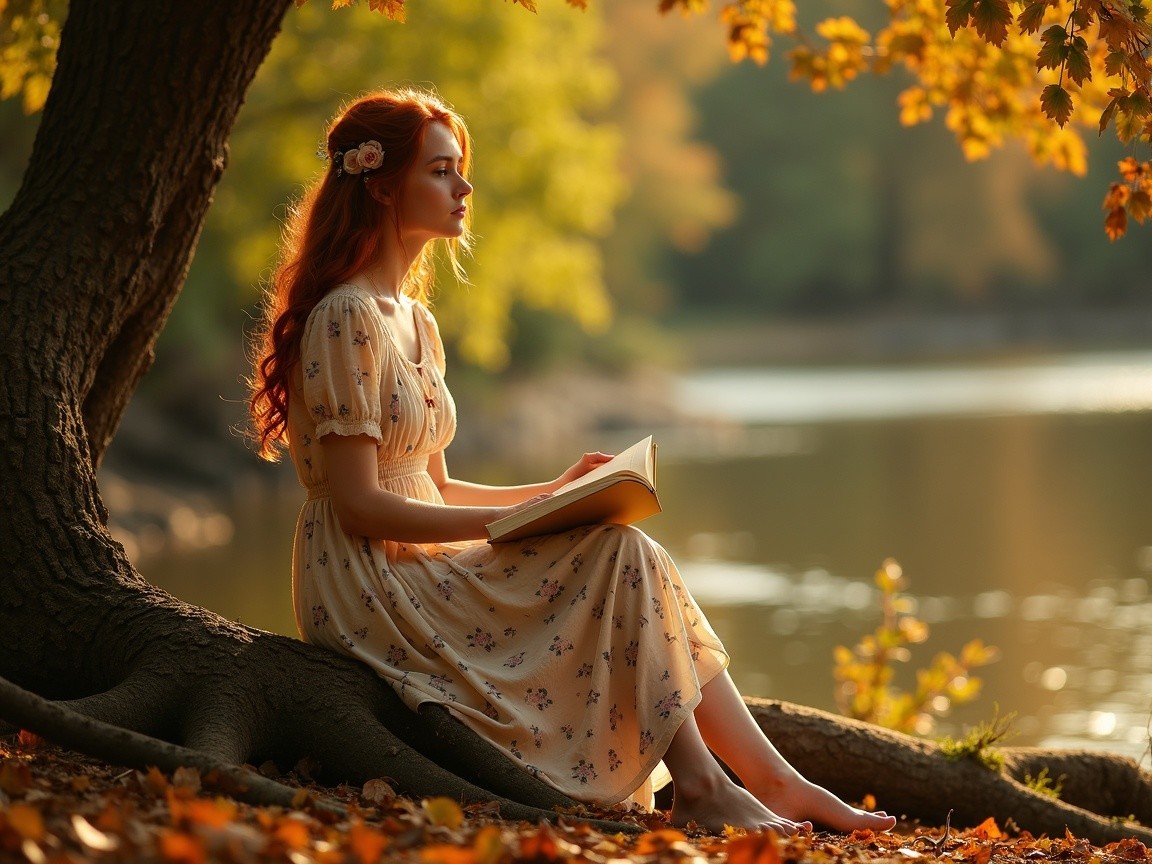 Young Woman Reading by a Serene Autumn River
