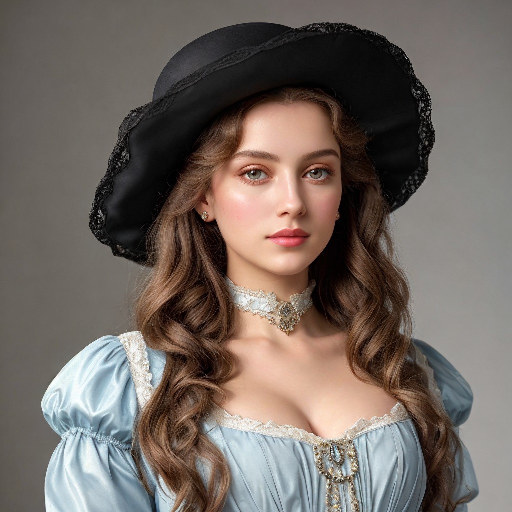 Young woman in elegant blue dress and black hat