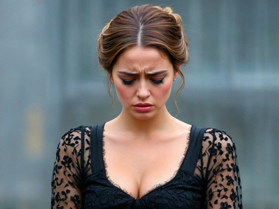 Young woman in black dress with pensive expression