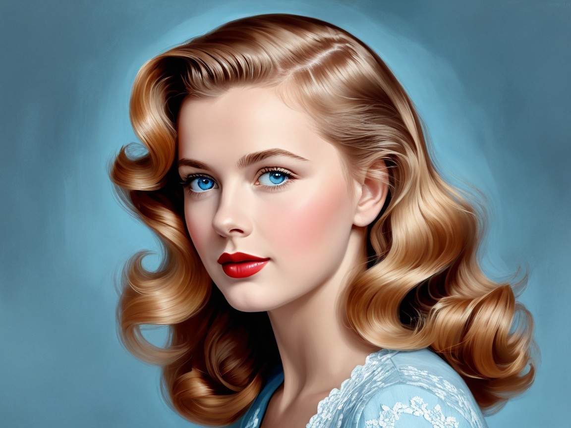 Young woman with glamorous blonde curls and blue eyes