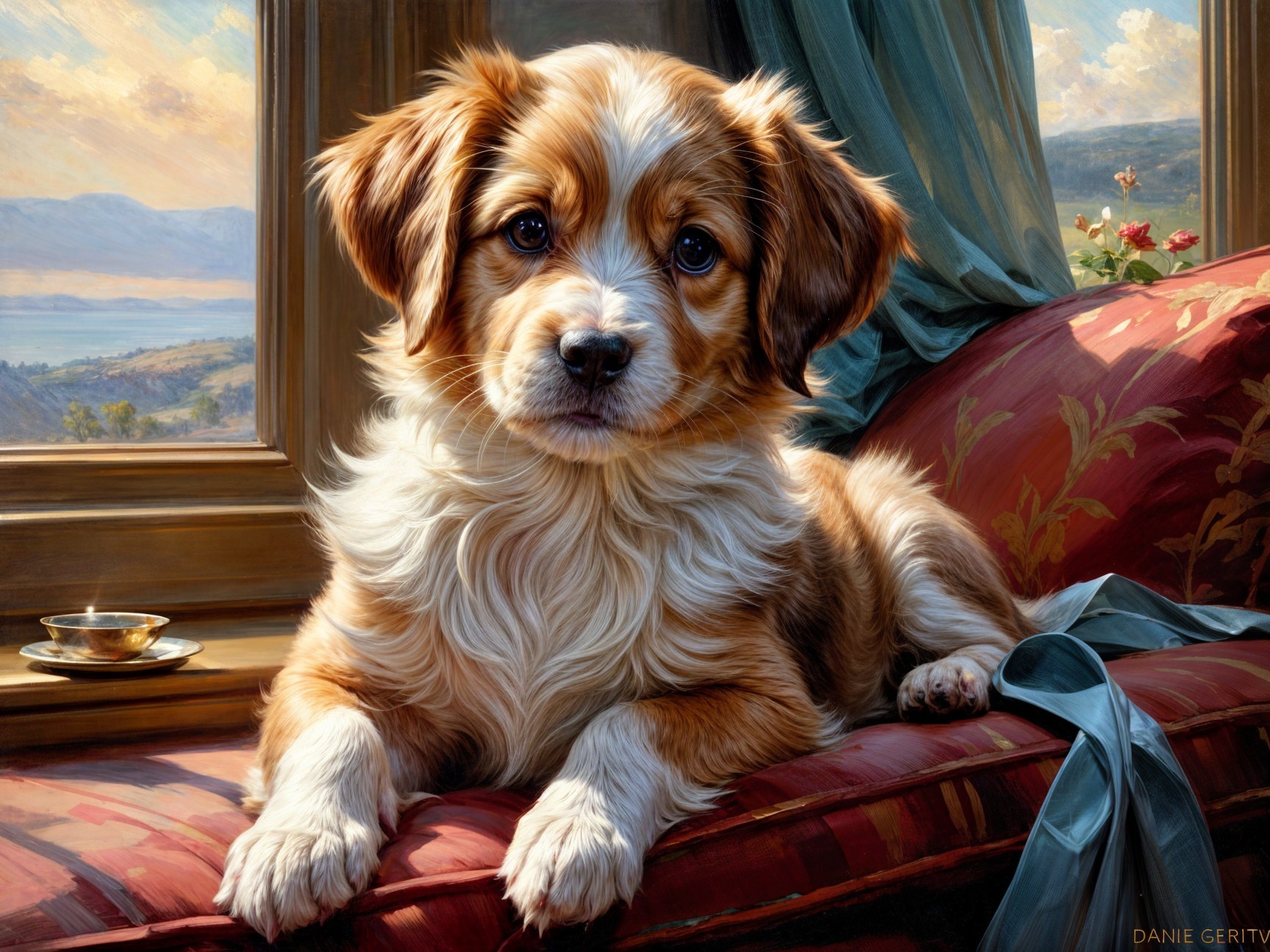 Fluffy Puppy on Floral Sofa with Sunlit Landscape