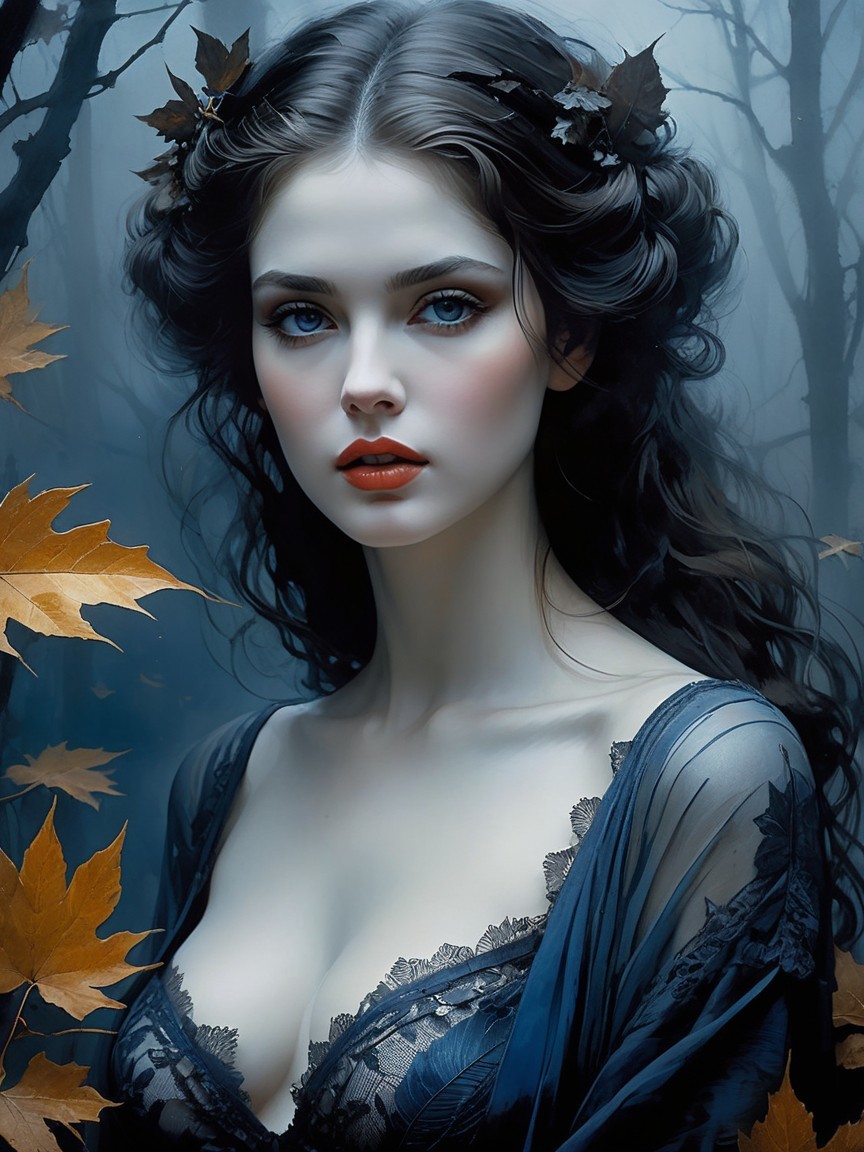 Young woman in gown with leaves in dark woodland