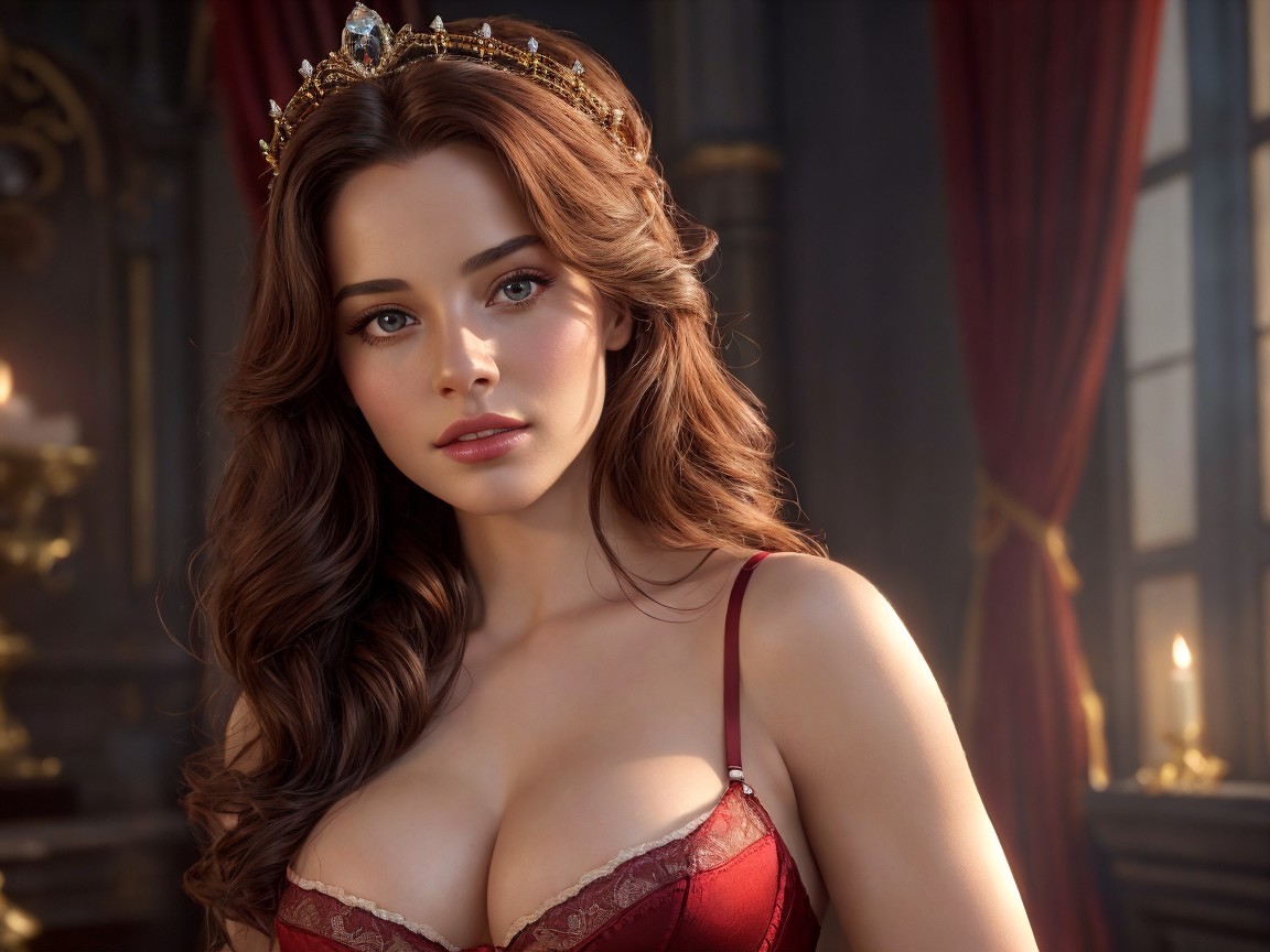Elegant Woman in Golden Crown and Red Lingerie