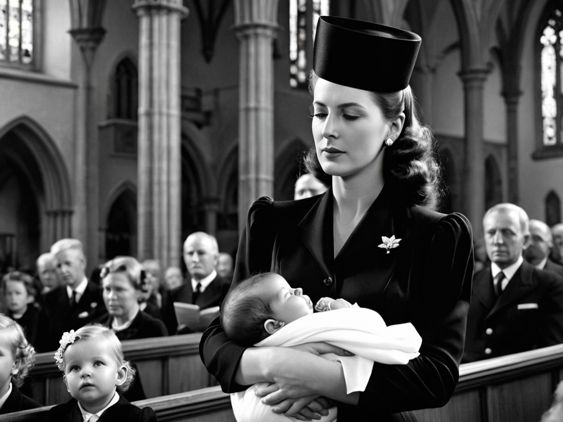 Black-and-white church scene with a woman and baby