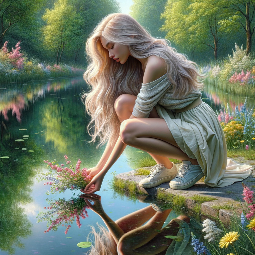 Young Woman by Tranquil Pond with Flowers and Greenery