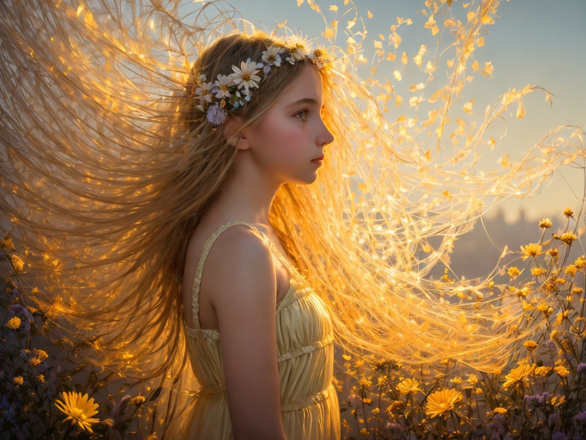 Young girl in yellow dress among blooming wildflowers