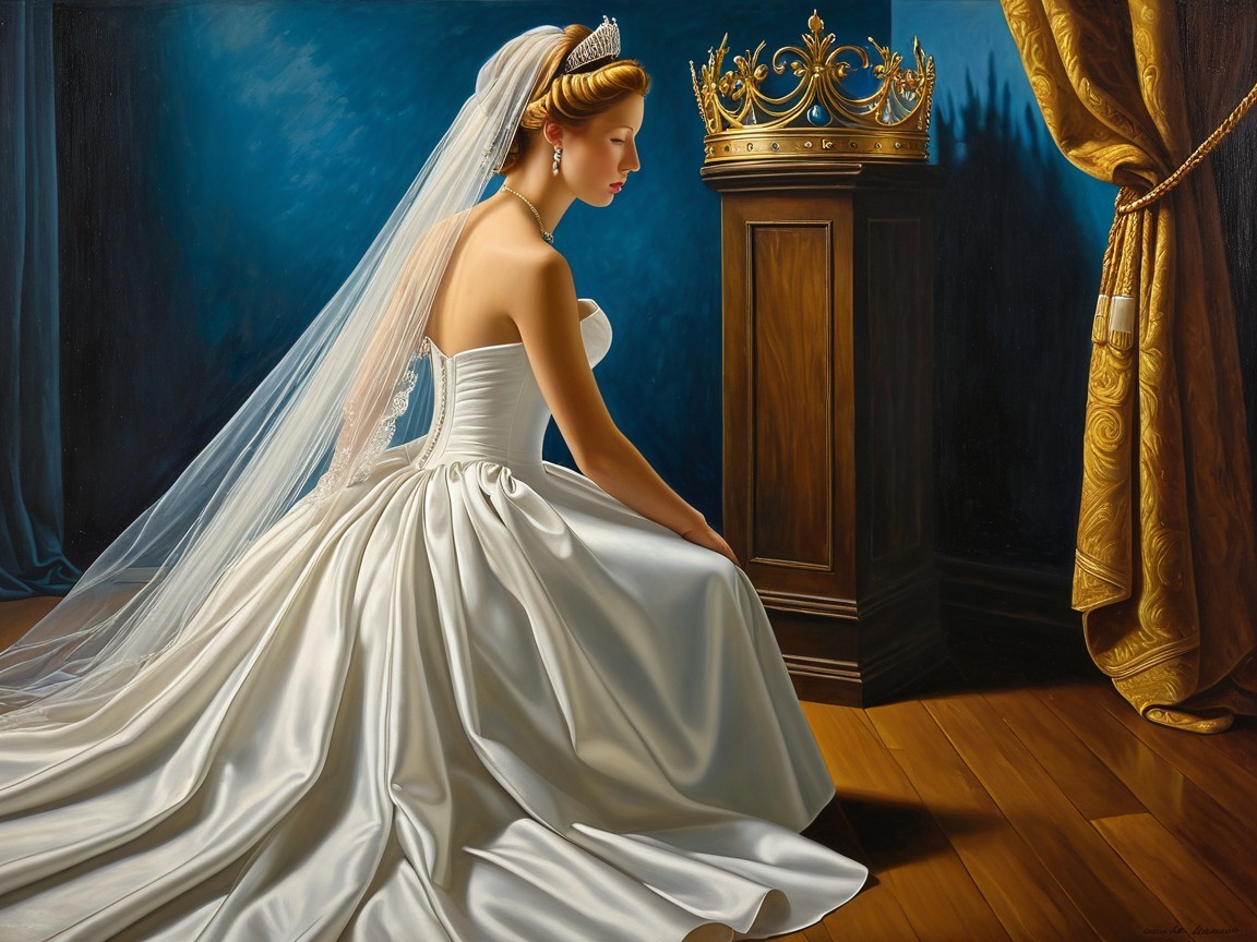 Elegant Bride in White Gown with Regal Backdrop