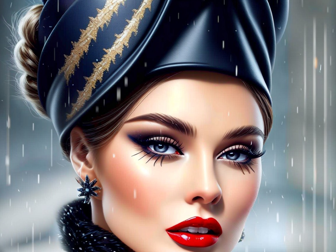 Glamorous Woman with Blue Eyes and Elegant Hat