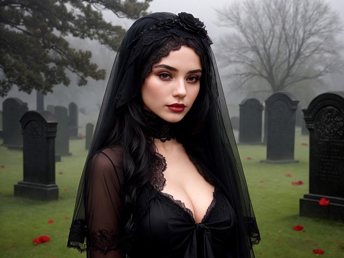 Young Woman in Black Gown at Misty Cemetery