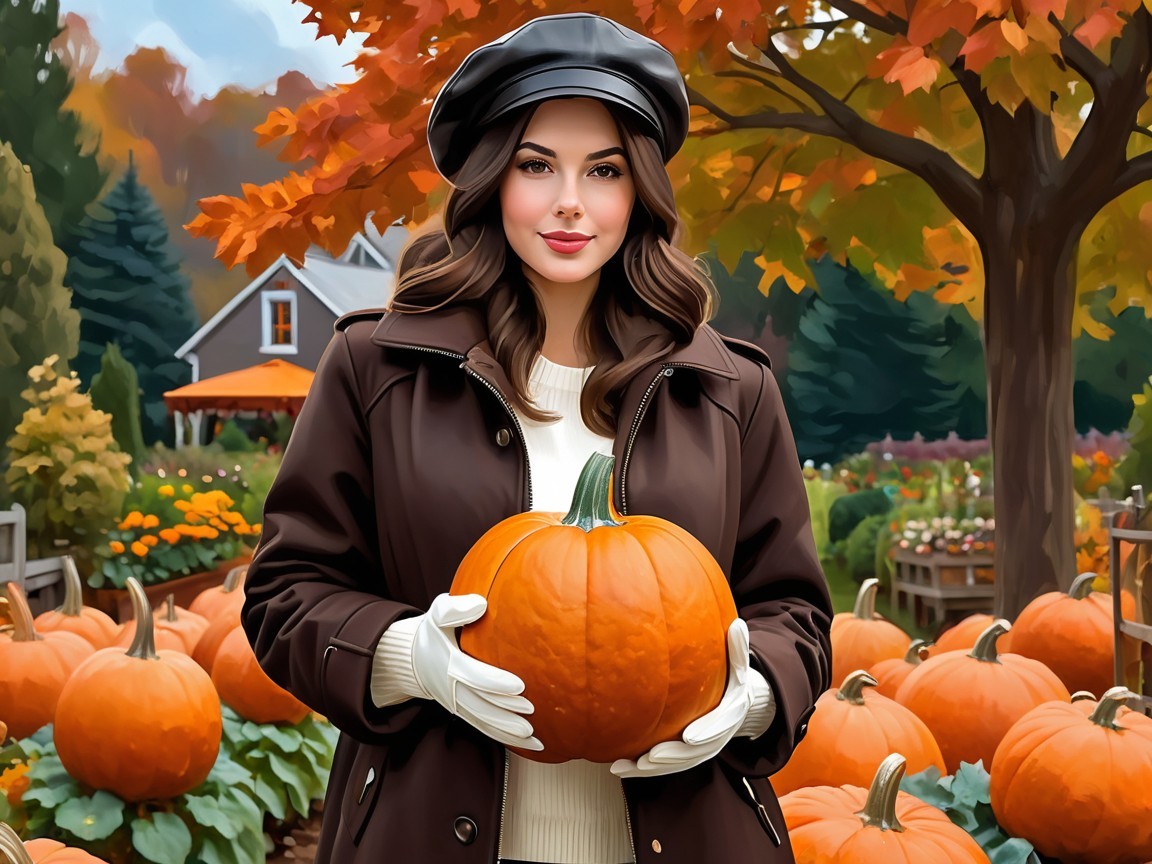Woman in Pumpkin Patch with Autumn Foliage Background