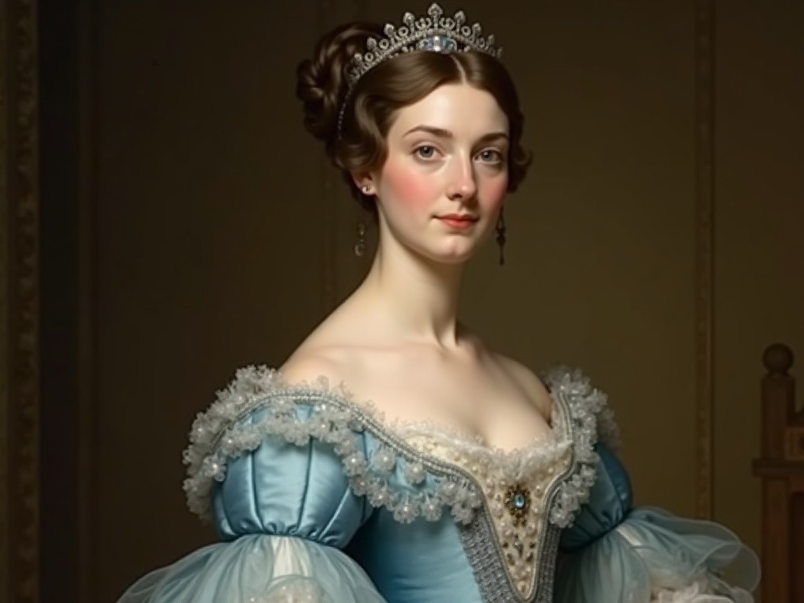 Elegant woman in blue gown with lace and tiara