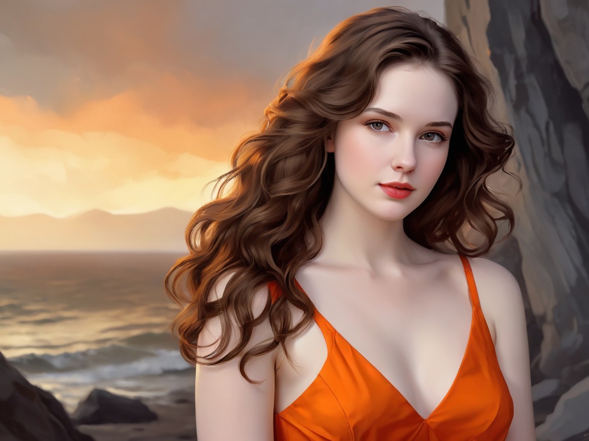 Young woman in orange dress by serene coastal sunset