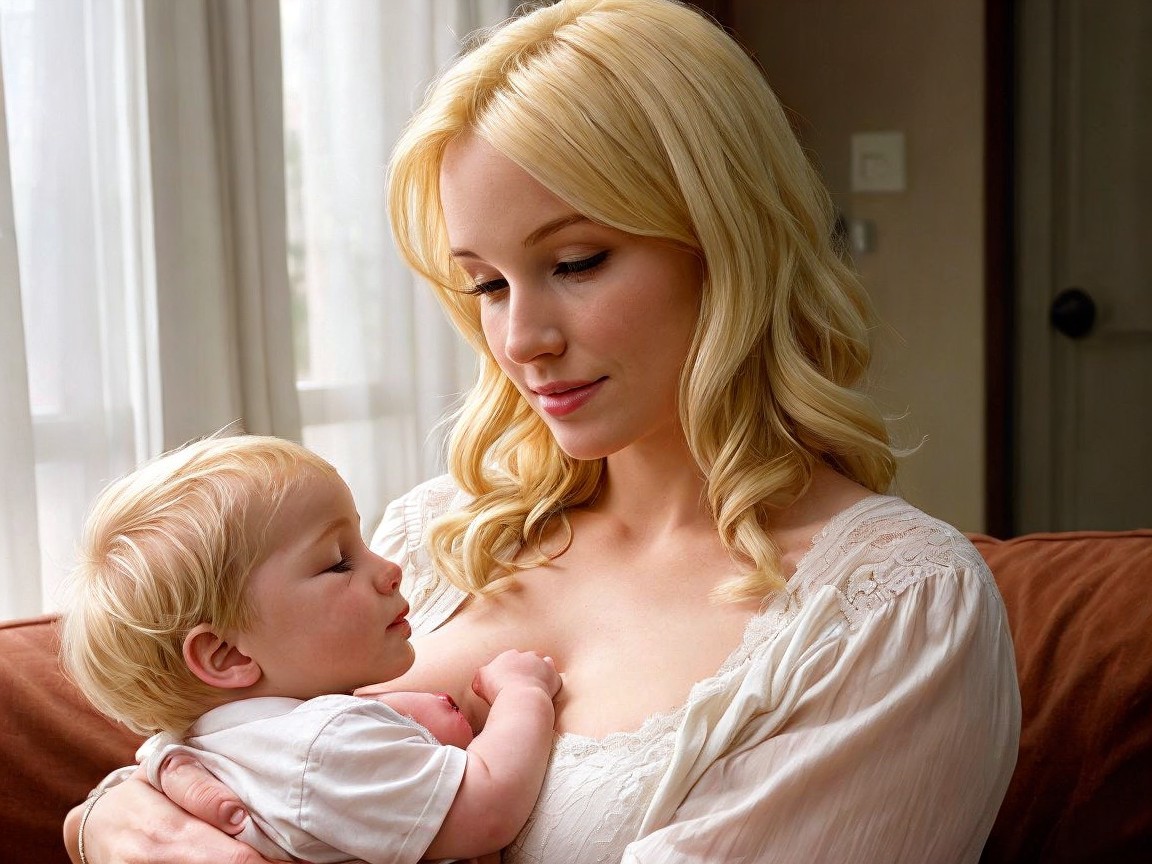 Mother Holding Baby in a Sunlit, Serene Setting