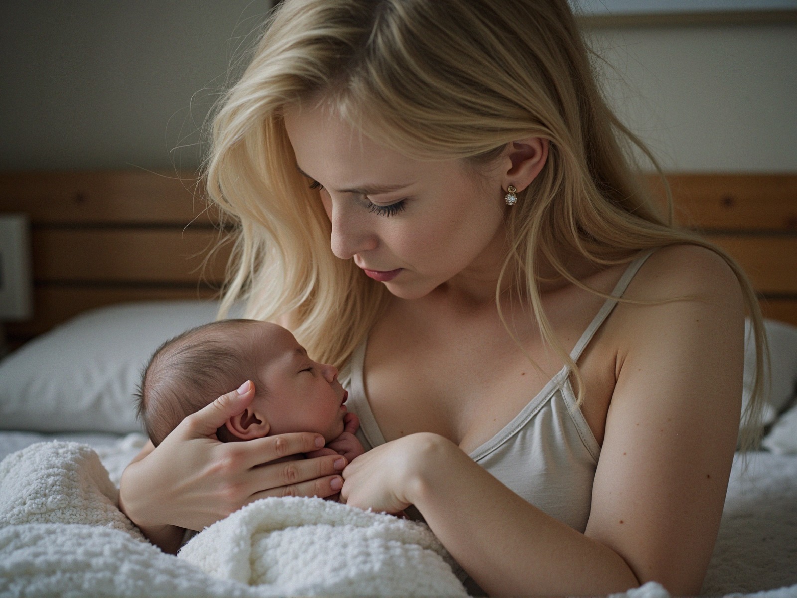 Mother and newborn share a tender moment in cozy light