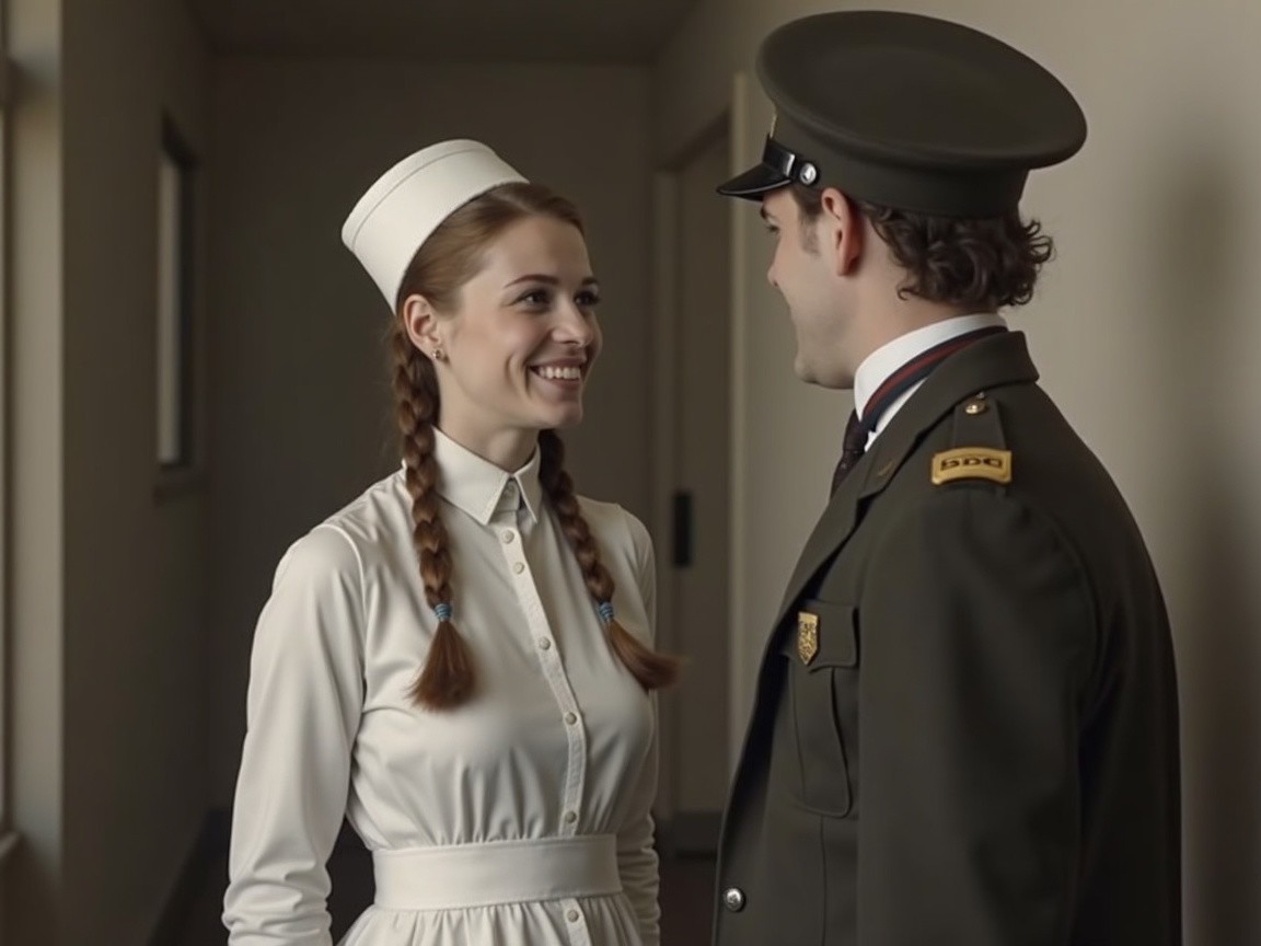 Nurse and Soldier in Cheerful Corridor Conversation