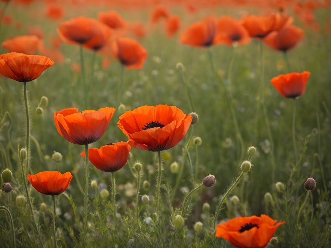 Vibrant Field of Orange Poppies in Lush Greenery