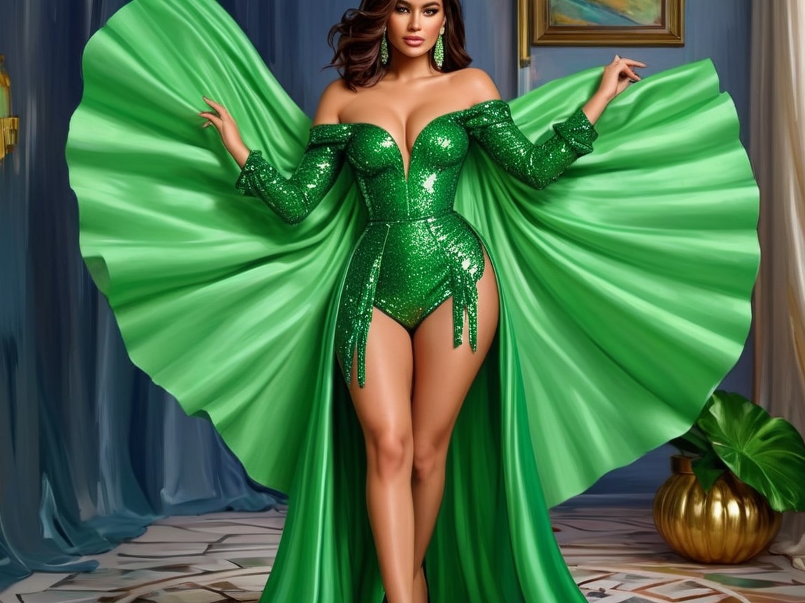 Glamorous Model in Elegant Green Dress with Sparkles