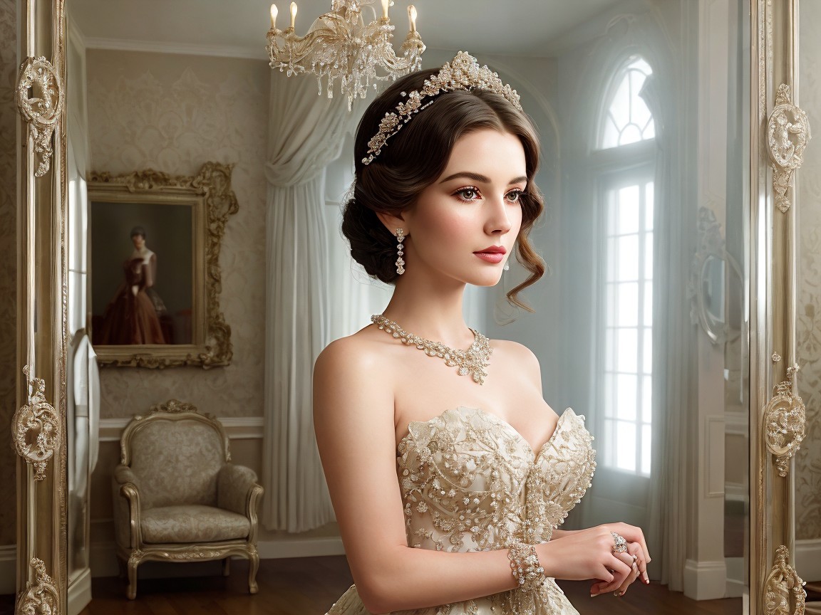 Elegant Woman in Beaded Gown in Luxurious Room