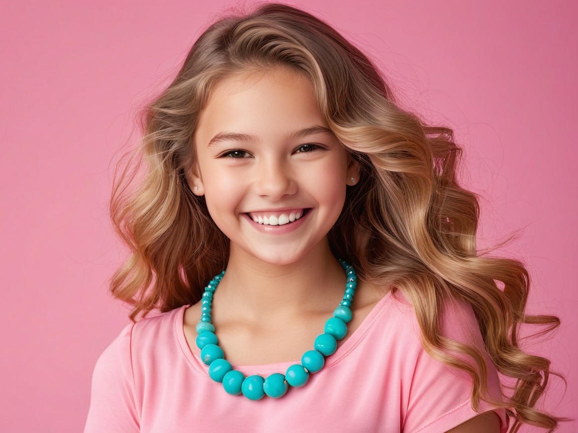 Young girl smiling in pink background with necklace